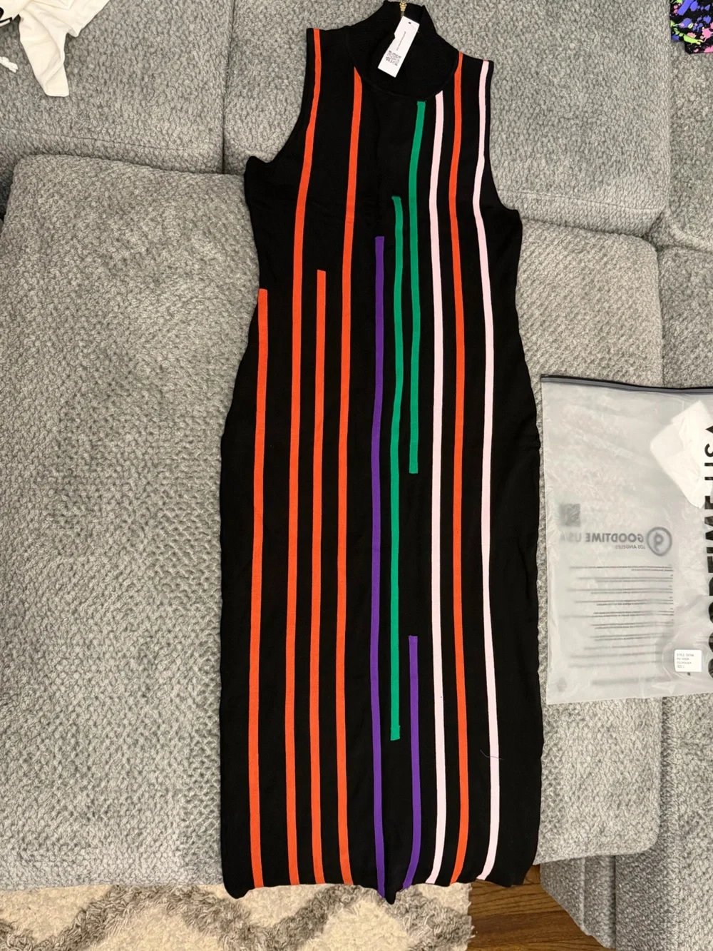 Black Sleeveless Striped Undershirt Dress with Multicolor Stripes
